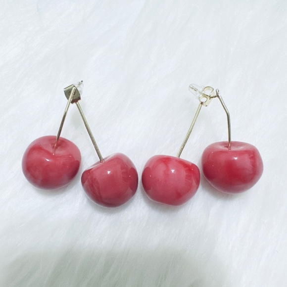 Women’s Fun Fruit Dangle Drop Earrings Cute 3D Pink Cherry Jewelry - Picture 2 of 3